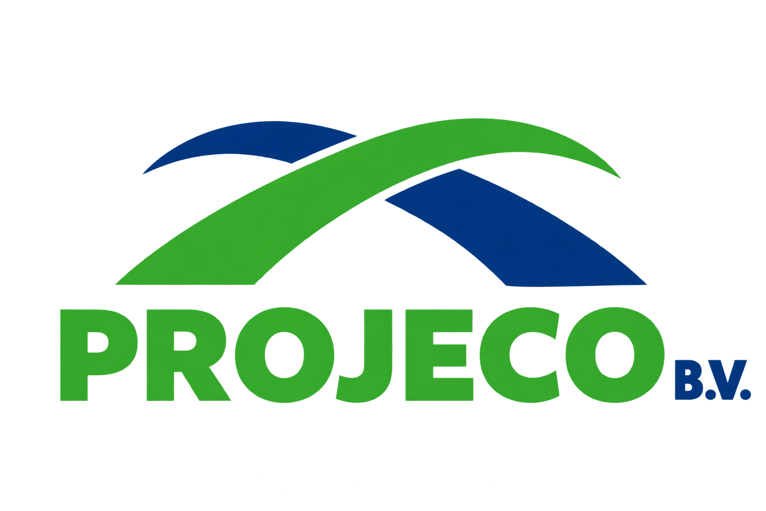 Projeco BV, groen-blauw logo met twee elkaar kruisende bogen